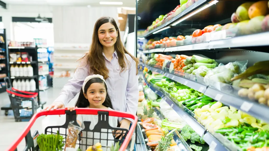 Mom and daughter in grocery store