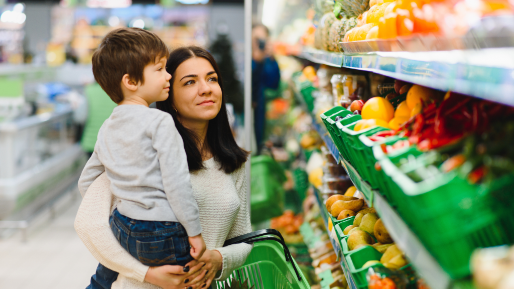 Mother and Son shopping fruits and vegetables